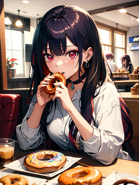 Eating Donuts, The background is a cafe, Stuffing oneself with a donut, Big eating challenge, Kitagawa Marine, One girl, bionde, Long Hair, Multicolored Hair, Red eyes, jewelry, Earrings, Earrings, Black choker, 超High resolution, retina, masterpiece, Accurate, Anatomically correct, Textured skin, Super Detail, Attention to detail, high quality, 最high quality, High resolution, 4K