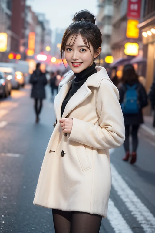 Highest quality, 4K, 8k, Detailed face, Clear Face, Cute Girls, Korean Makeup, Red lips, smile, Perfect body,Straight short hair to the shoulders,Small breasts,thigh,slim,thin, The girl is wearing a long, wide coat, Under the jacket was a top tube and pantyhose., Lower abdomen, Snow Scene, winter, street,Accentuate your butt、(Panty lines、Panty lines showing through the skirt)