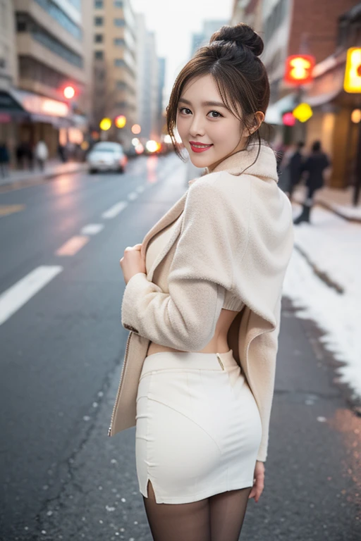 Highest quality, 4K, 8k, Detailed face, Clear Face, Cute Girls, Korean Makeup, Red lips, smile, Perfect body,Straight short hair to the shoulders,Small breasts,thigh,slim,thin, The girl is wearing a long, wide coat, Under the jacket was a top tube and pantyhose., Lower abdomen, Snow Scene, winter, street,Accentuate your butt、(Panty lines、Panty lines showing through the skirt)