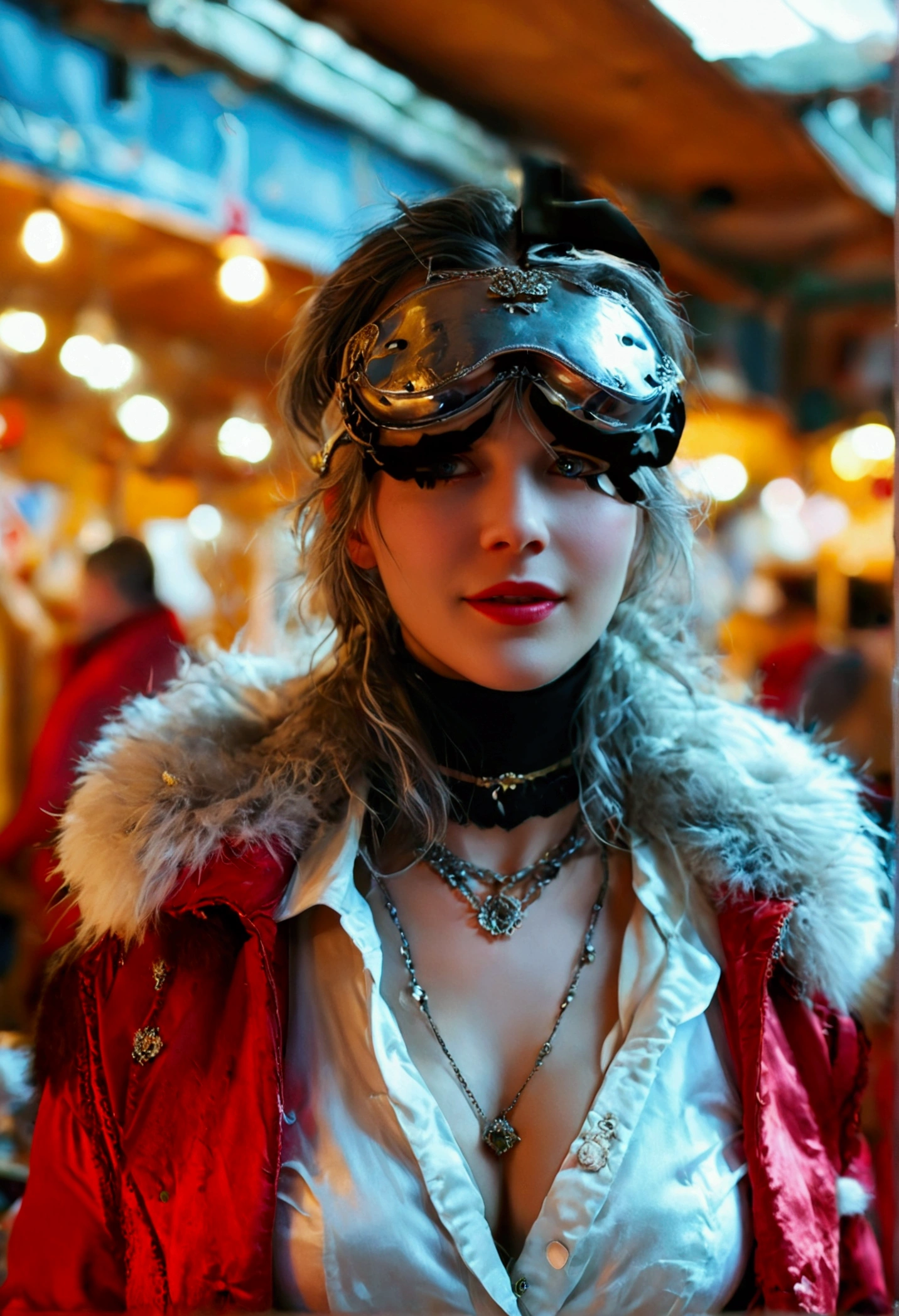 (masterpiece), (Highest quality), (Super detailed),(figure), (One girl),View your viewers, (interview),Beautiful attention to detail, Delicate and beautiful face, floating,(High saturation),(The Shining), Large Breasts, Flea Market, Grey Hair, White shirt, Red jacket, Fur trim, Open clothes, Off the shoulder, Black trousers, Torn trousers, necklace, Sleep Mask, Smiled