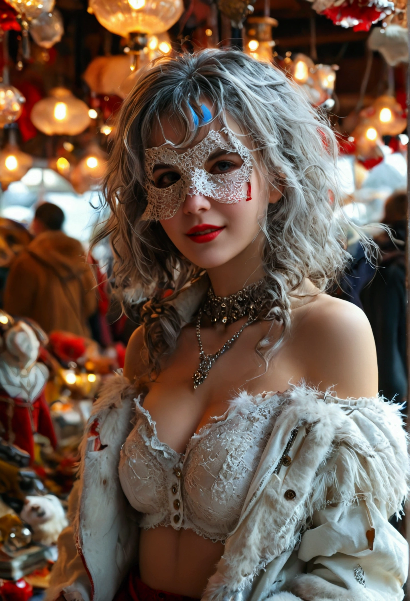 (masterpiece), (Highest quality), (Super detailed),(figure), (One girl),View your viewers, (interview),Beautiful attention to detail, Delicate and beautiful face, floating,(High saturation),(The Shining), Large Breasts, Flea Market, Grey Hair, White shirt, Red jacket, Fur trim, Open clothes, Off the shoulder, Black trousers, Torn trousers, necklace, Sleep Mask, Smiled