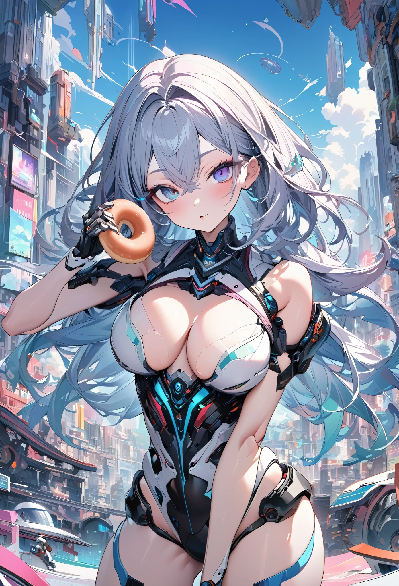 A mysterious translucent mechanical girl,Futuristic Girl, Mechanical joints,Future city background,Model shooting style, (Highly detailed CG Unity 8k wallpaper), The beauty of abstract stylization,,Surrealism, 8k, Super Detail, Highest quality, Awards, Anatomically correct, 16K, Super Detail, (Beautiful face and eyes, double eyelid,Delicate skin,Cool Beauty,Tall Girl ,Slim figure,),Large Breasts, (Eat a donut in your hand:1,6)