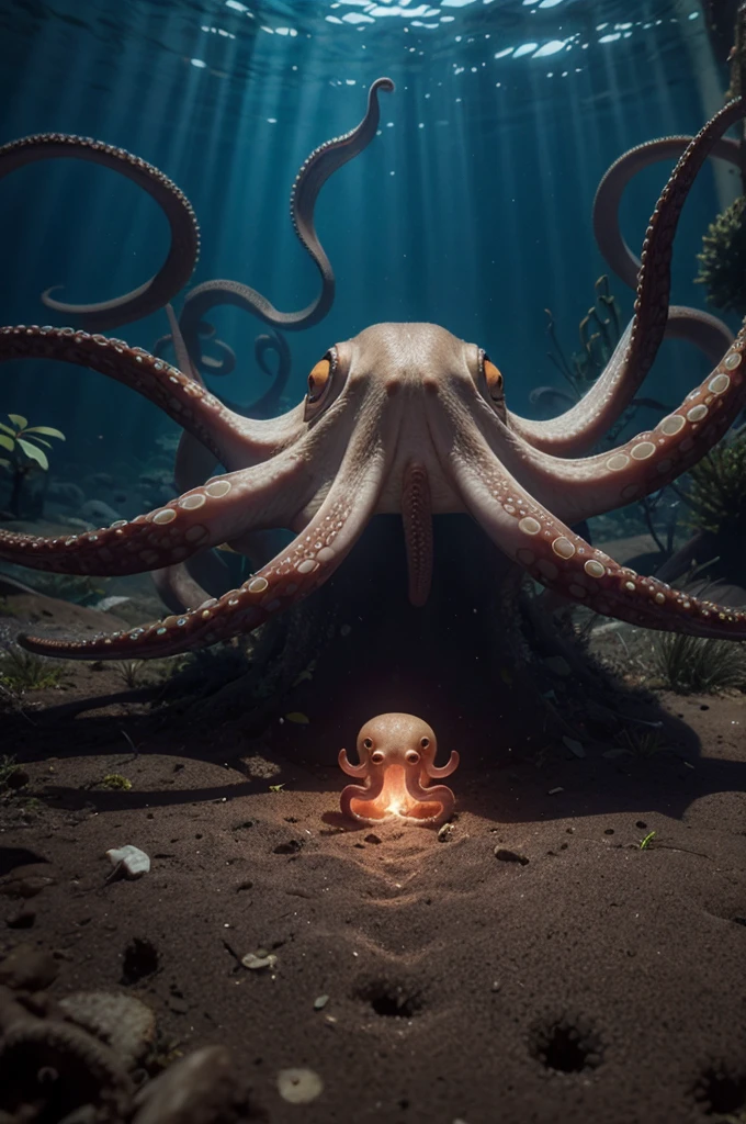 An octopus with three highlighted hearts, one of them larger and central, with the other two smaller ones located near the gills.