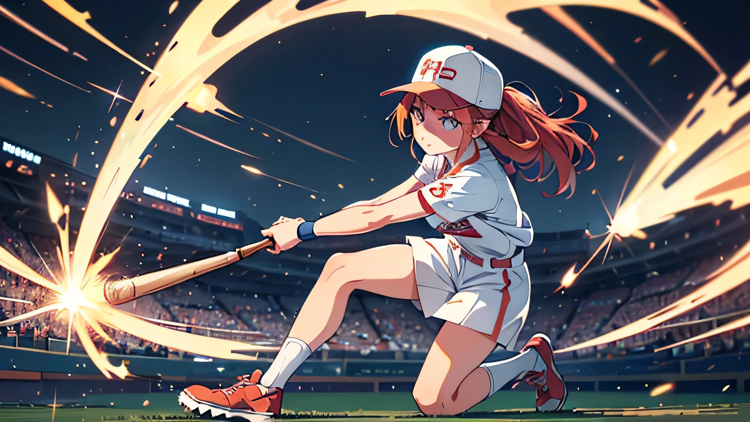 1 girl playing baseball, Wearing a baseball cap,from side,full body,
dynamic effects, motion effects, dynamic hair,
in Baseball ground, 
masterpiece, best quality, extremely detailed, (gainax:1.3),
crisp image, sharp image, clear image, vivid image,
(finely detailed face, finely detailed eyes), (finely detailed hair),
highly detailed background,