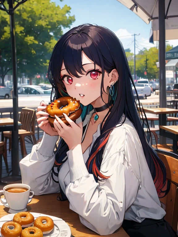 Eating Donuts, The background is a cafe, Kitagawa Marine, One girl, bionde, Long Hair, Multicolored Hair, Red eyes, jewelry, Earrings, Earrings, Black choker, 超High resolution, retina, masterpiece, Accurate, Anatomically correct, Textured skin, Super Detail, Attention to detail, high quality, 最high quality, High resolution, 4K
