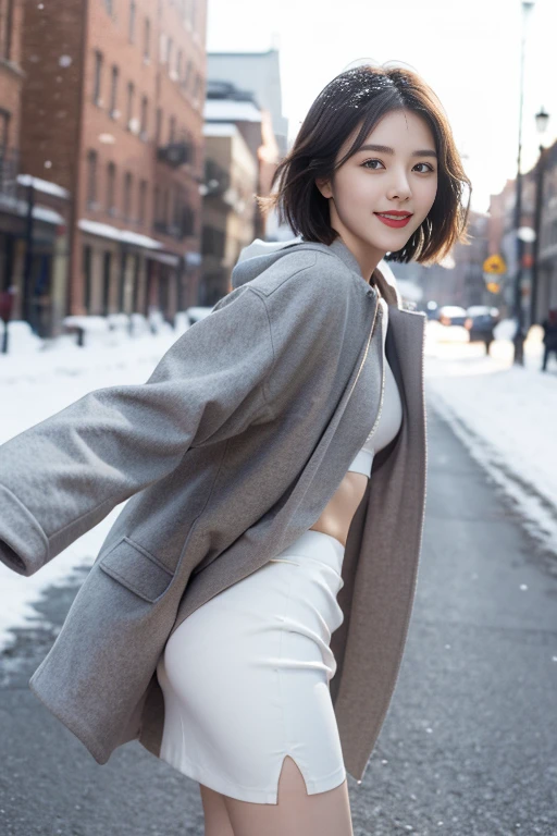 Highest quality, 4K, 8k, Detailed face, Clear Face, Cute Girls, Korean Makeup, Red lips, smile, Perfect body,Straight short hair to the shoulders,Small breasts,thigh,slim,thin, The girl is wearing a long, wide coat, Under the jacket was a top tube and pantyhose., Lower abdomen, Snow Scene, winter, street,Accentuate your butt、(Panty lines、Panty lines showing through the skirt:1.2),Skirt with slits