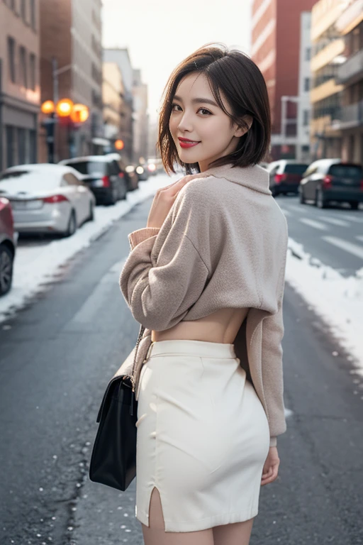Highest quality, 4K, 8k, Detailed face, Clear Face, Cute Girls, Korean Makeup, Red lips, smile, Perfect body,Straight short hair to the shoulders,Small breasts,thigh,slim,thin, The girl is wearing a long, wide coat, Under the jacket was a top tube and pantyhose., Lower abdomen, Snow Scene, winter, street,Accentuate your butt、(Panty lines、Panty lines showing through the skirt:1.2),Skirt with slits
