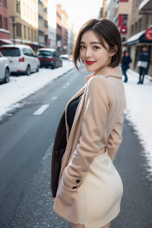 Highest quality, 4K, 8k, Detailed face, Clear Face, Cute Girls, Korean Makeup, Red lips, smile, Perfect body,Straight short hair to the shoulders,Small breasts,thigh,slim,thin, The girl is wearing a long, wide coat, Under the jacket was a top tube and pantyhose., Lower abdomen, Snow Scene, winter, street,Accentuate your butt、(Panty lines、Panty lines showing through the skirt:1.2),Skirt with slits