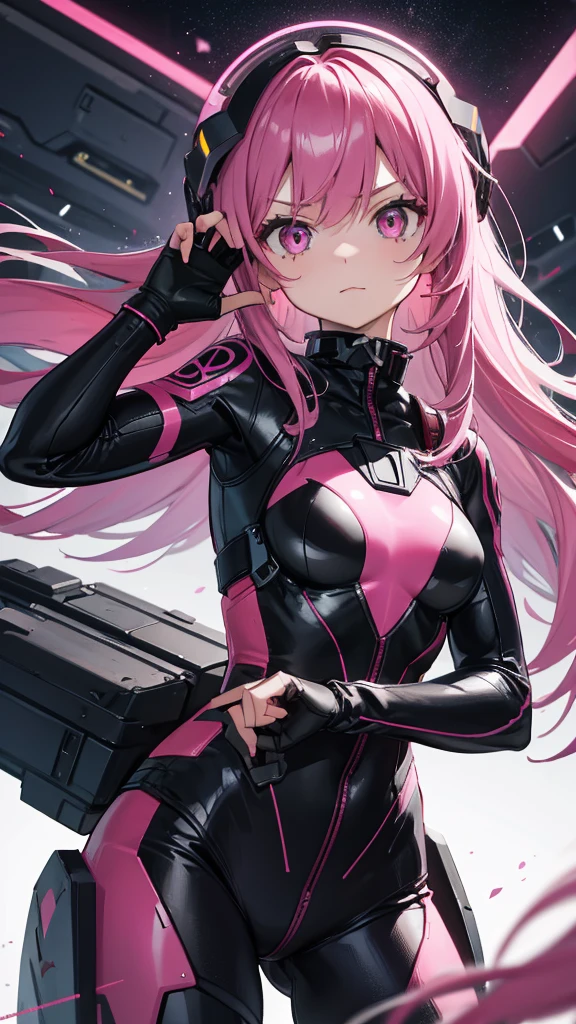 Pilot black suit technological advanced, long pink hair, leotard, cute, age, futuristic pink eyes, her pilot's helmet in hand
