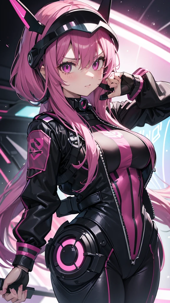 Pilot black suit technological advanced, long pink hair, leotard, cute, teenage, futuristic pink eyes, her pilot's helmet in hand