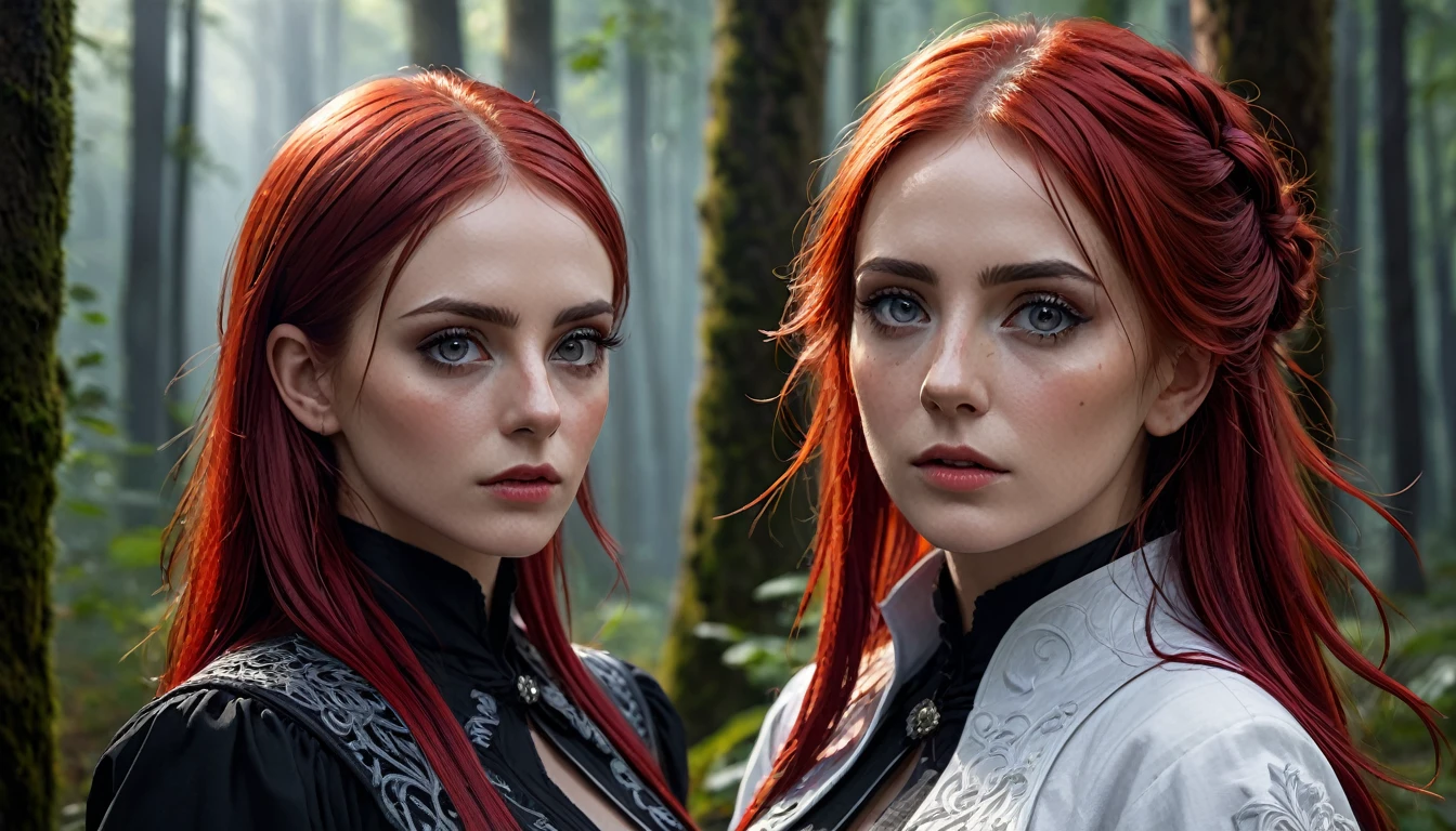 2 women.

30 years old, Red hair, caucasiano, Eyes red, blood in The face, detailed black outfit. another woman, 30 years old, caucasiano, White hair, grey-eyed, detailed white clothing, dark forest background, (best qualityer,4K,8k,high resolution,work of art:1.2),ultra detali,(realisitic,photorealisitic,photo-realisitic:1.37),HDR,ultra HD,studio lighting,ultra-fine painting,sharp focus,Physically based rendering,extreme detailed description,proffesional,bright coloured,bokeh,portraite,horor