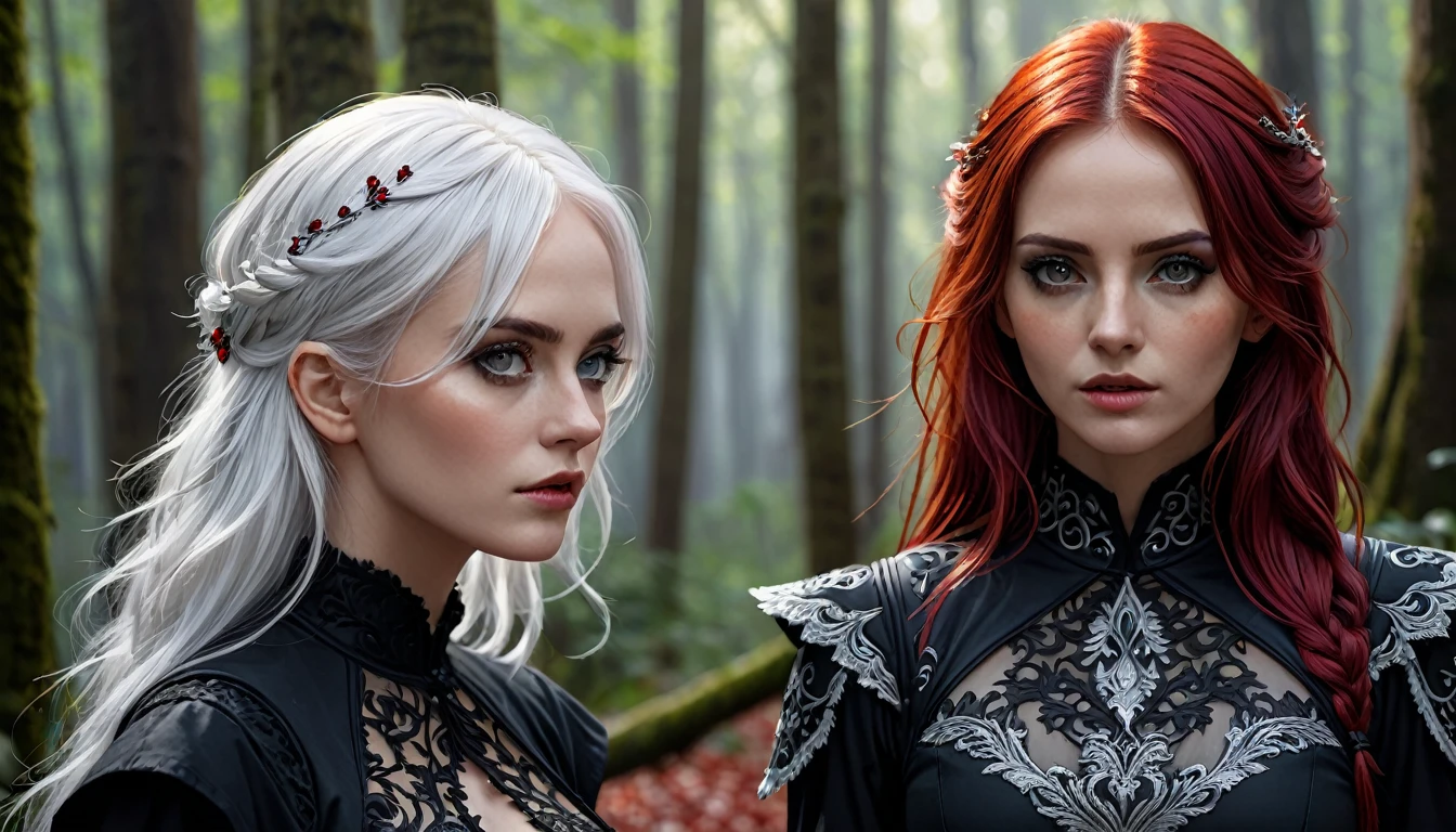 2 women.
30 years old, Red hair, caucasiano, Eyes red, blood in The face, detailed black outfit. another woman, 30 years old, caucasiano, White hair, grey-eyed, detailed white clothing, dark forest background, (best qualityer,4K,8k,high resolution,work of art:1.2),ultra detali,(realisitic,photorealisitic,photo-realisitic:1.37),HDR,ultra HD,studio lighting,ultra-fine painting,sharp focus,Physically based rendering,extreme detailed description,proffesional,bright coloured,bokeh,portraite,horor
