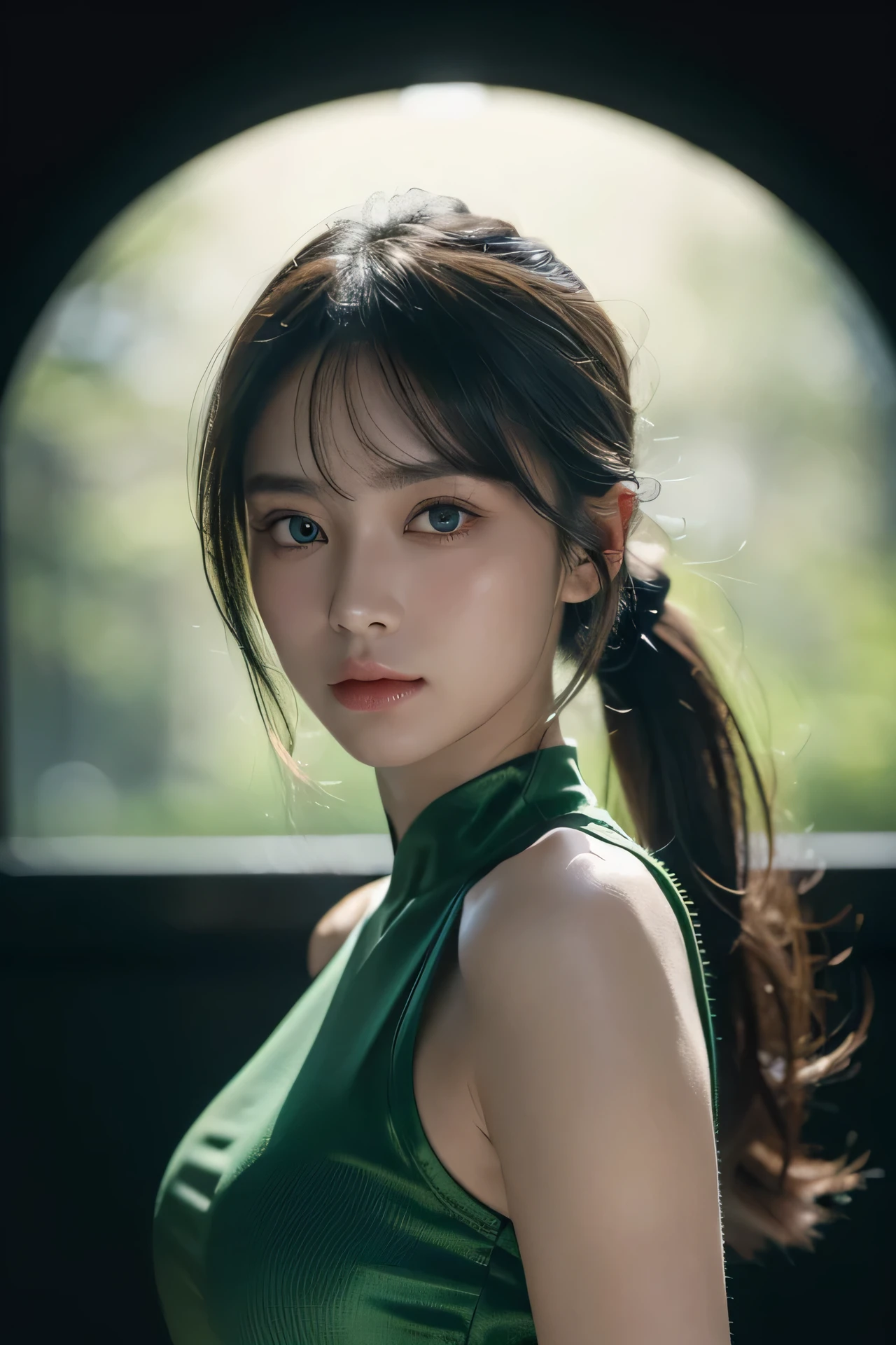 Extraordinary Beauty, oval jaw, Delicate features, beautiful countenance, long bangs, pony tail, bright green eyes , Close-fitting material, shinny skin, beautiful countenance,  in the dark , in the dark, deep shadow,