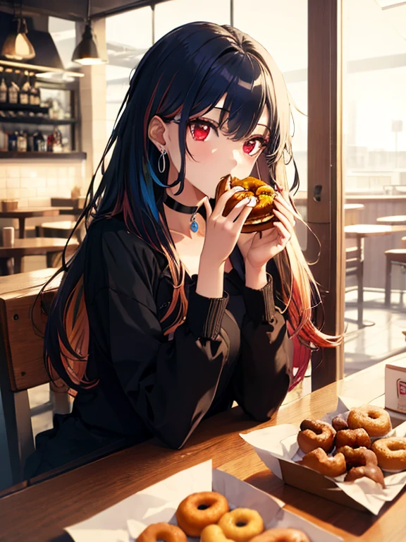 Eating Donuts, The background is a cafe, Kitagawa Marine, One girl, bionde, Long Hair, Multicolored Hair, Red eyes, jewelry, Earrings, Earrings, Black choker, 超High resolution, retina, masterpiece, Accurate, Anatomically correct, Textured skin, Super Detail, Attention to detail, high quality, 最high quality, High resolution, 4K