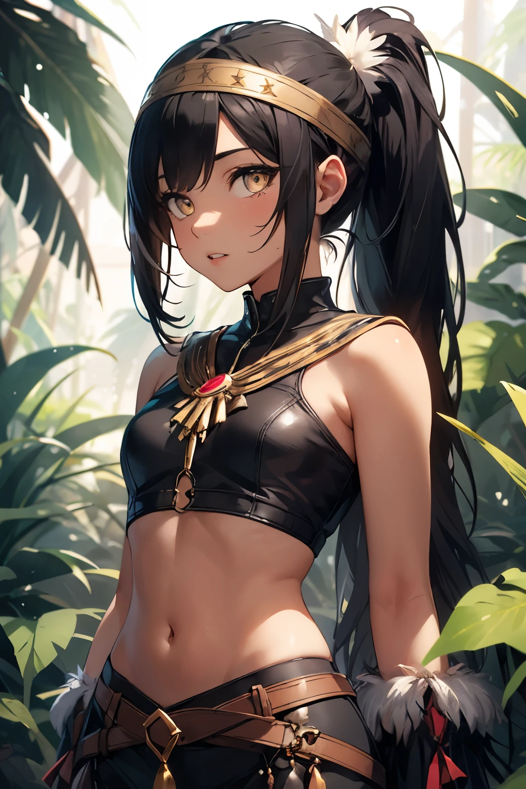 native american, girl, black hair, ponytail, gold eyes, dark skin, parted lips, native american clothes, headband, feather hair ornament, bone and leather clothes,thin waist, CaptainKirb, afeminated body, medium upper body, girly, feminine, small height, jungle, aware expression, sharp eyes
