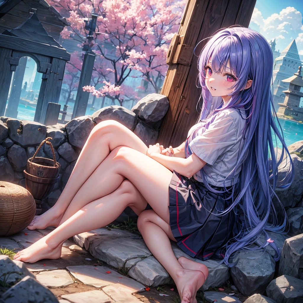 Blue-light purple hair、Red eyes、One cute girl、solo、And soul、Light clothing、Checked mini skirt、petal、Wet hair、Sitting on a stump、black t-shirts、Rabbit Hoodie、Has a button、large tree、cloud、Red full moon、desert、barefoot、Stones are piled up、Teeth are visible、Secret Treasure、Wooden chair、Fortress City、water is gushing out、Tilting face、Hands together、pyramid、Golden Bell