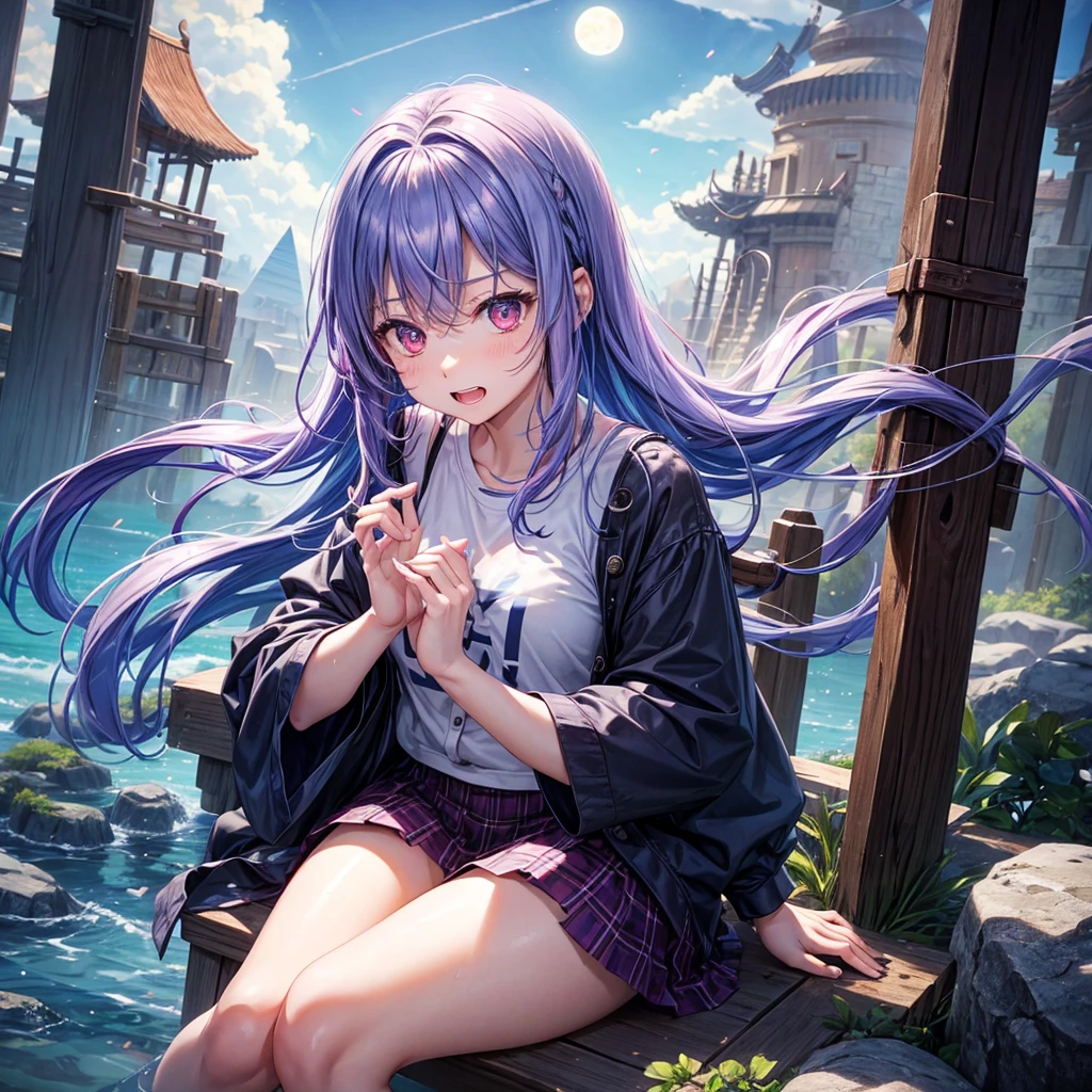 Blue-light purple hair、Red eyes、One cute girl、solo、And soul、Light clothing、Checked mini skirt、petal、Wet hair、Sit on、black t-shirts、Has a button、large tree、cloud、Red full moon、desert、barefoot、Stones are piled up、Teeth are visible、Secret Treasure、Wooden chair、Fortress City、water is gushing out、Tilting face、Hands together、pyramid