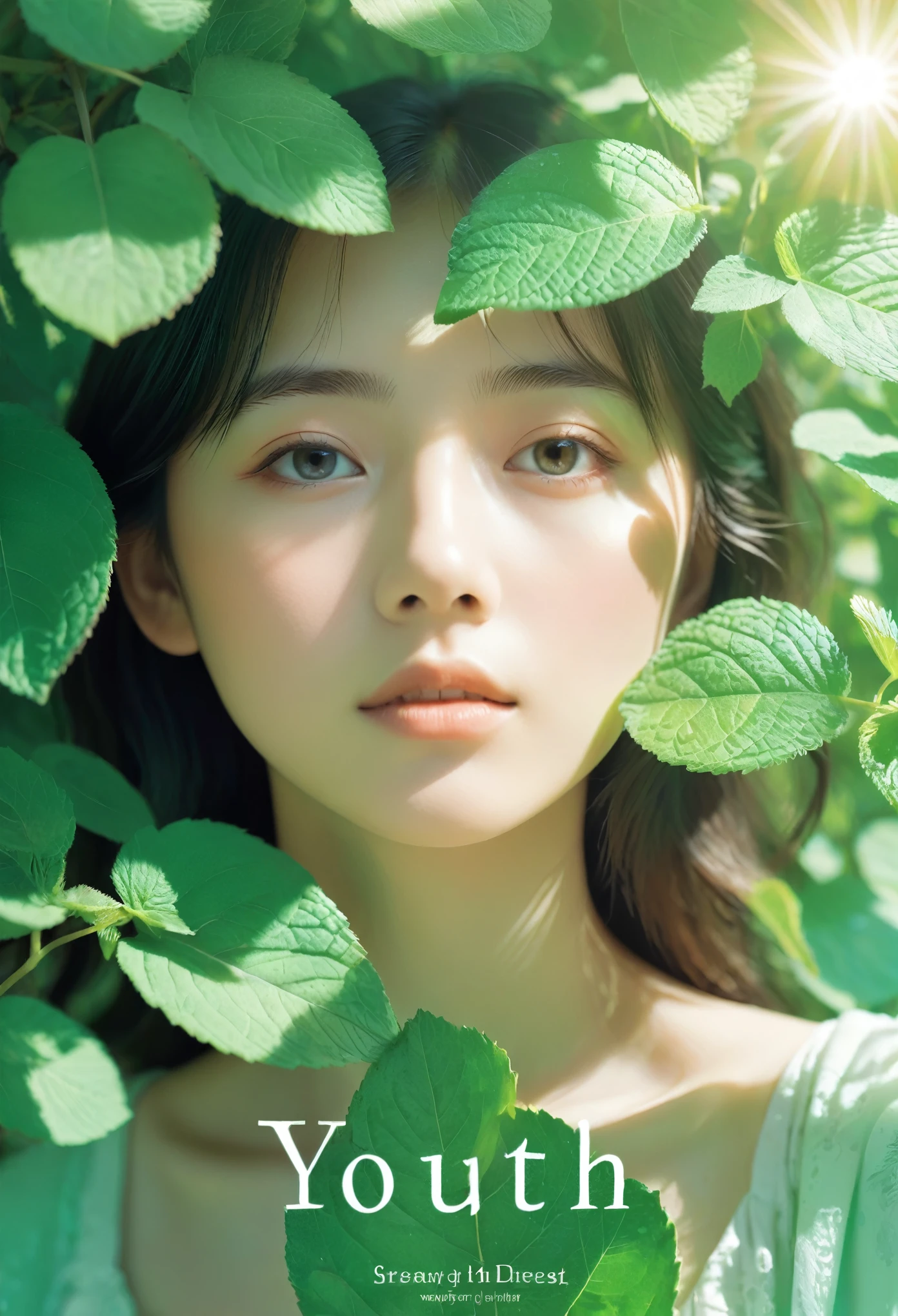 Literary magazine cover,Multiple youth,Close-up of face,The sunlight shines through the gaps in the leaves, casting dappled light and shadows,Fresh and natural,Dreamy mint green,Literary poster layout,The title says "youth" in English font