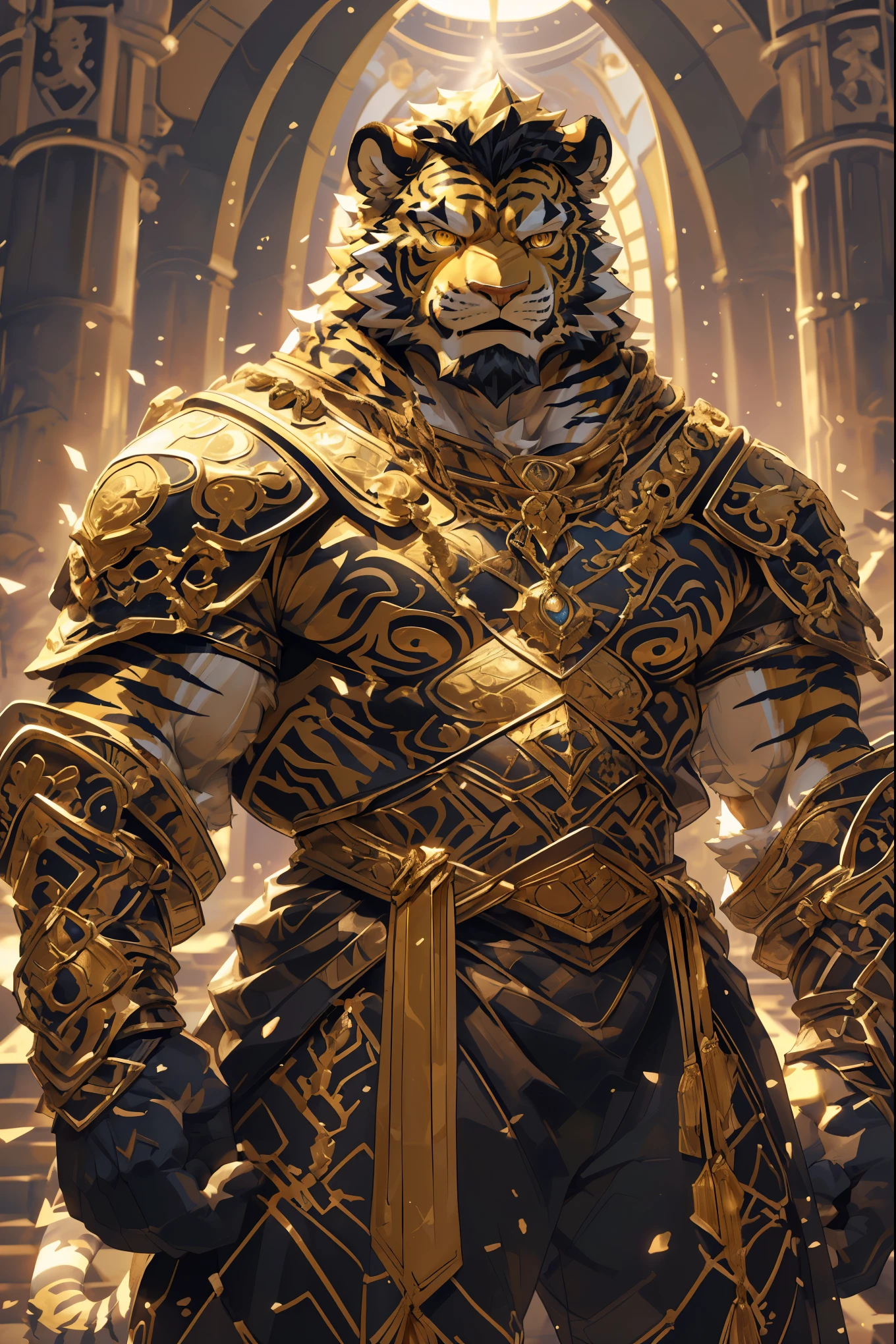 (Scarred body),(Wearing a dark black robe:1.5),king,16k high quality detailed art,(Wearing scarlet blood accessories:1),(Golden Tiger:1.1), (((White and golden fur:1.5))),(Duotone),(A pair of eyes of different colors, One eye has a golden eye,The other eye is blue:1.7),Both eyes are the same size:1.4),(Muscular body:1.3),Handsome,(OK),(Perfect face),(Exhausted:1.1),(Gold and white skin:1.3),(Whole body description:1.3),Publaz, (Golden Tiger:1.1), (((Gold and white fur:1.3))),Handsome, (OK),Express,(Background of the Royal Palace),(Cold expression:1.3),(Golden Tiger tail),不同的Express,(Perfect masterpiece),(32K),(Abdominal muscles:1.3),(((middle aged:1.4))),(36 years old),(Gold Stripes),Solitary,(Black sideburns:1.2),(black beard:1.3),(Black Chin:1.3),(Gold face pattern:1),(Very rich facial details:1.3),(Strong),(Mighty pose:1.6),Front view,(CG),(HD),(Black Hair),Full body portrait,(Detailed background:1.3),(Dark ink armor:1.3),The murderous gaze,(Pure black pupils:1.3),
