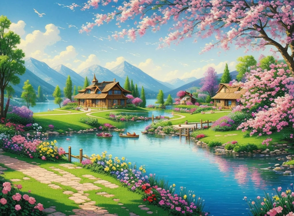 Villa Painting, Flowers beside the fence, Fence along the road,  Mountain landscape with lake and boat, Birds flying in the blue sky, Illustration Matte Painting,  Inspired by Thomas Kinkade, Symmetrical Matte Paint, Detailed landscape , Rustic style, 8K Ultra High Definition