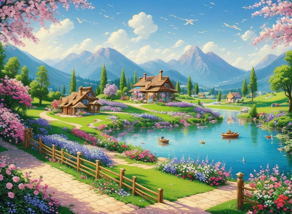 Villa Painting, Flowers beside the fence, Fence along the road,  Mountain landscape with lake and boat, Birds flying in the blue sky, Illustration Matte Painting,  Inspired by Thomas Kinkade, Symmetrical Matte Paint, Detailed landscape , Rustic style, 8K Ultra High Definition