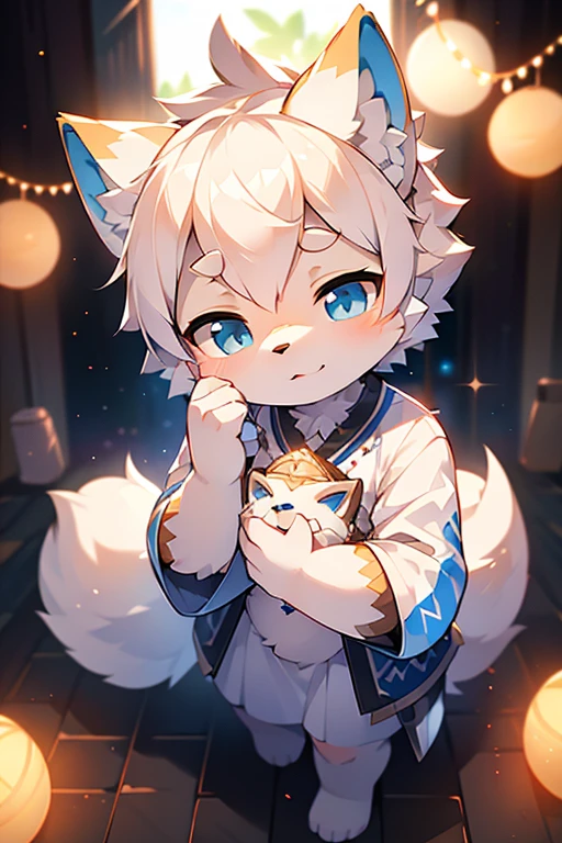 short white haired,( big blue eyes),anthropomorphic standing furry little wolf,((full body furry)), cute,(head bust close-up),Beautiful lights and shadows,delicate eyes,8k, highres, masterpiece, usharp focus, extreme detail description, professional, vivid colors, bokeh