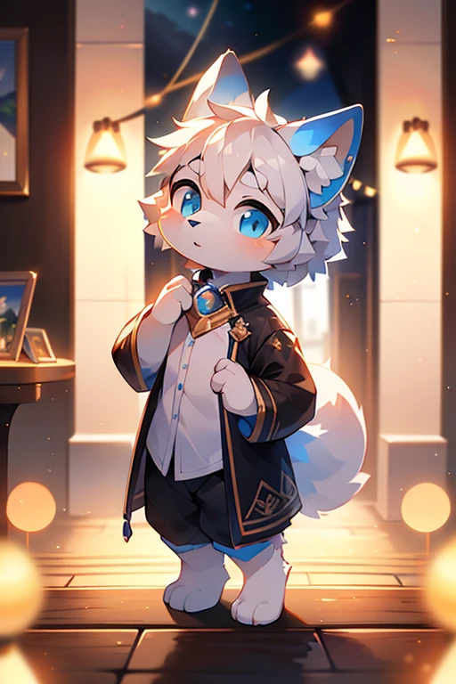short white haired,( big blue eyes),anthropomorphic standing furry little wolf,((full body furry)), cute,(head bust close-up),Beautiful lights and shadows,delicate eyes,8k, highres, masterpiece, usharp focus, extreme detail description, professional, vivid colors, bokeh