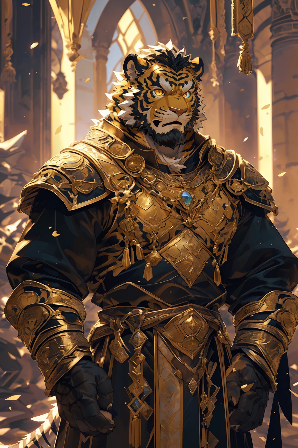 (Scarred body),(Wearing a dark black robe:1.5),king,16k high quality detailed art,(Wearing scarlet blood accessories:1),(Golden Tiger:1.1), (((White and golden fur:1.5))),(Duotone),(A pair of eyes of different colors, One eye has a golden eye,The other eye is blue:1.7),Both eyes are the same size:1.4),(Muscular body:1.3),Handsome,(OK),(Perfect face),(Exhausted:1.1),(Gold and white skin:1.3),(Whole body description:1.3),Publaz, (Golden Tiger:1.1), (((Gold and white fur:1.3))),Handsome, (OK),Express,(Background of the Royal Palace),(Cold expression:1.3),(Golden Tiger tail),不同的Express,(Perfect masterpiece),(32K),(Abdominal muscles:1.3),(((middle aged:1.4))),(36 years old),(Gold Stripes),Solitary,(Black sideburns:1.2),(black beard:1.3),(Black Chin:1.3),(Gold face pattern:1),(Very rich facial details:1.3),(Strong),(Mighty pose:1.6),Front view,(CG),(HD),(Black Hair),Full body portrait,(Detailed background:1.3),(Dark ink armor:1.3),The murderous gaze,(Pure black pupils:1.3),