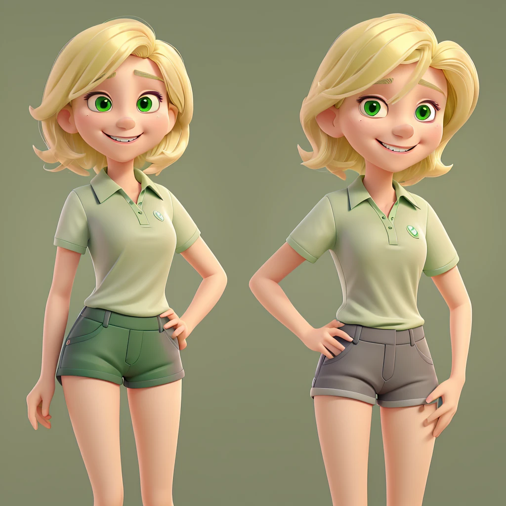 image of a blonde woman with short voluminous hair, white skin and dark eyes, green polo shirt and dark gray shorts, she must appear to be around 75kg, smiling and happy face showing the smartphone to the camera, image with excellent quality