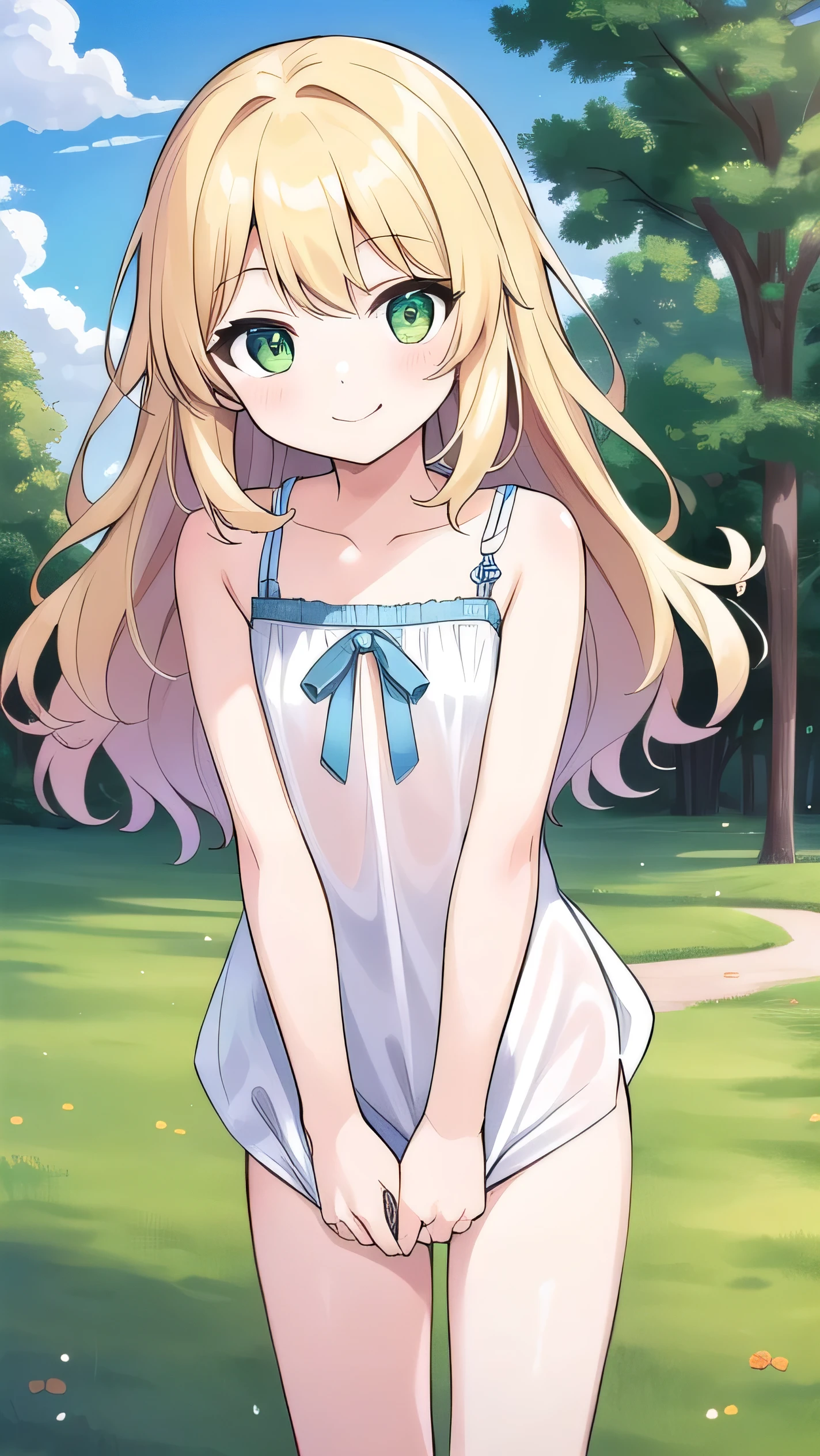 Blonde, , green eyes, long hair , elementary school student, 9 years old, 135cm tall, blue sky, hair hanging outsse，(bottomless:1.5)，flat chest ，pussy are visible