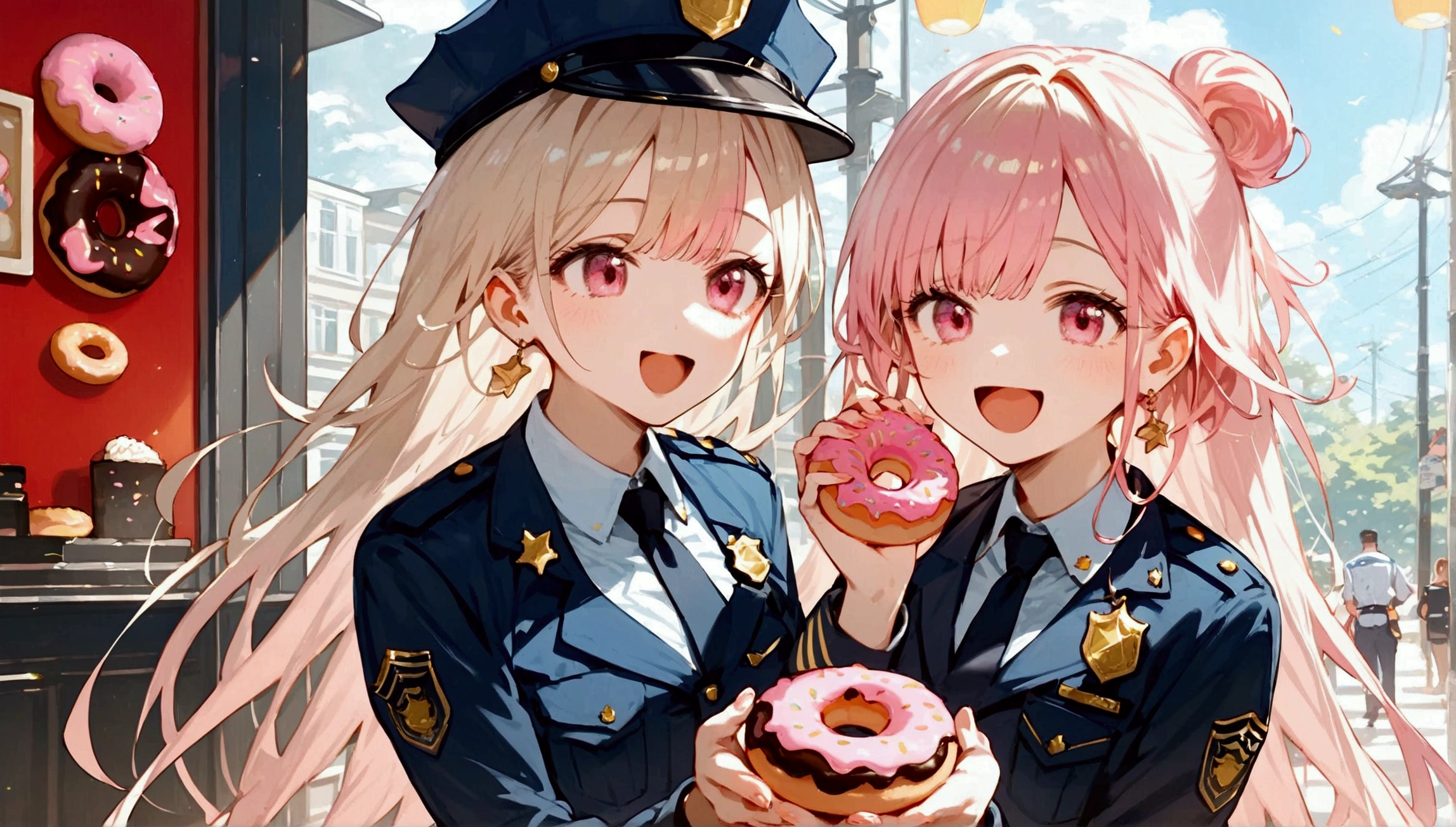 score_9, score_8_up, score_7_up, score_6_up, masterpiece, top quality, best quality, official art, beautiful and aesthetic, anime_source, centered, cinematic scene, 1girl, pink eyes, open mouth, doughnut, holding doughnut, police officer, cop, happy, Expressiveh