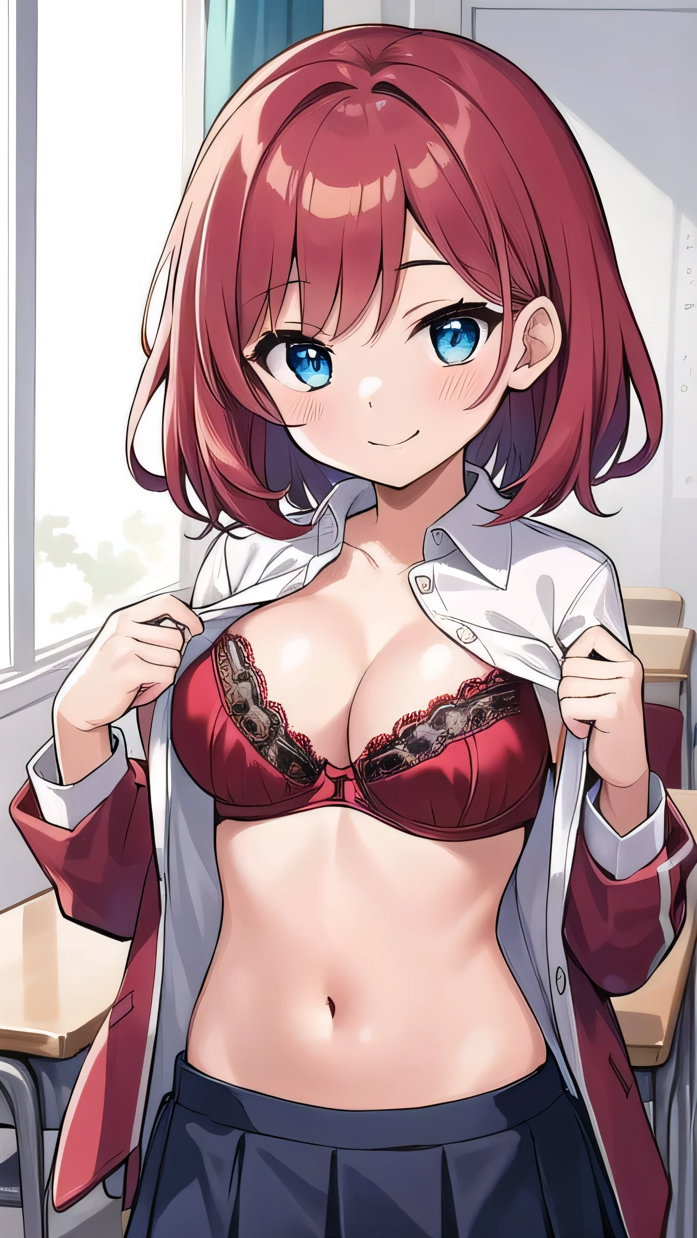 Big breasts, red hair, blue eyes, droopy eyes, red jacket, long sleeves, navy skirt, elementary school student, (super big breasts:1.1), (medium hair: 1), baggy clothes, elementary school student, young face, short height, , old, shy Agari, smiling a little, trying to unbutton his shirt in the classroom, white shirt, ,straight hair , her bra is visible, (a red bra:1.5)