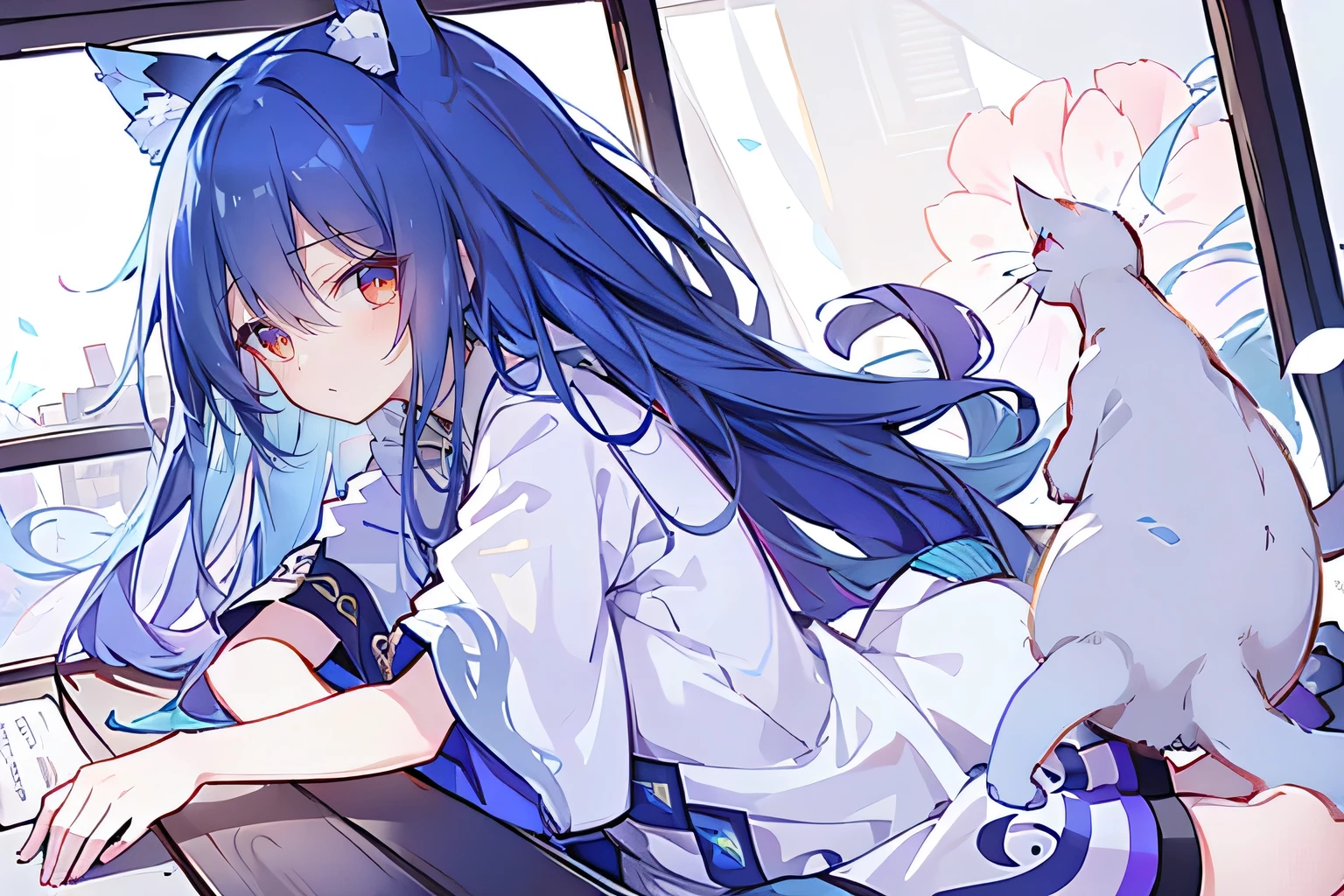 (Masterpiece:1.2),Ultra-detailed,lifelike,The eyes are expressive,Fair skin,Perfect face shape,1 girl,Japanese Manga,Gorgeous blue hair,Flowing blue hair,Flowing clothes,Cat ears,Petals falling,Smile,Tokyo background,background,heavy snow,winter.Highest quality,perfect face,sitting on window sill drinking coffee and looking out the window.