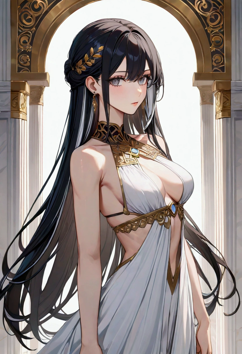 A girl with long black hair with white peekaboo highlights, white eyes, fair skin tone, slender and athletic built, greek full clothed, detailed hair, detailed body, best quality, aesthetic, 8k