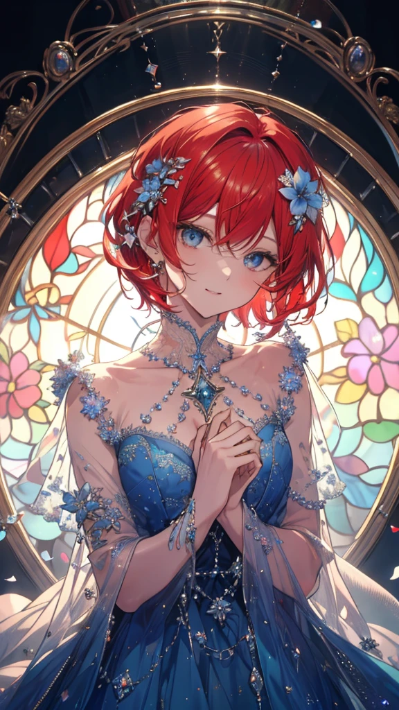 High Definition RAW Color Art, cartoon,sculpture, Silver Marble Skin, (((Extremely meticulous and elegant))), Magical atmosphere, Delicate skin, texture,(Complex details, Fine details, Ultra Detail艺术), Depth of Field, Bokeh, Silky touch, Ultra Detail, (Blue stained glass background), beautiful eyes, Elegant face, (Red hair), flower, Set, Watch from above, Smiley Face, short hair