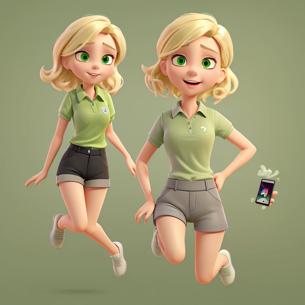 image of a blonde woman with short voluminous hair, white skin and dark eyes, green polo shirt and dark gray shorts, she must appear to be around 75kg, jumping for joy with smartphone in hand