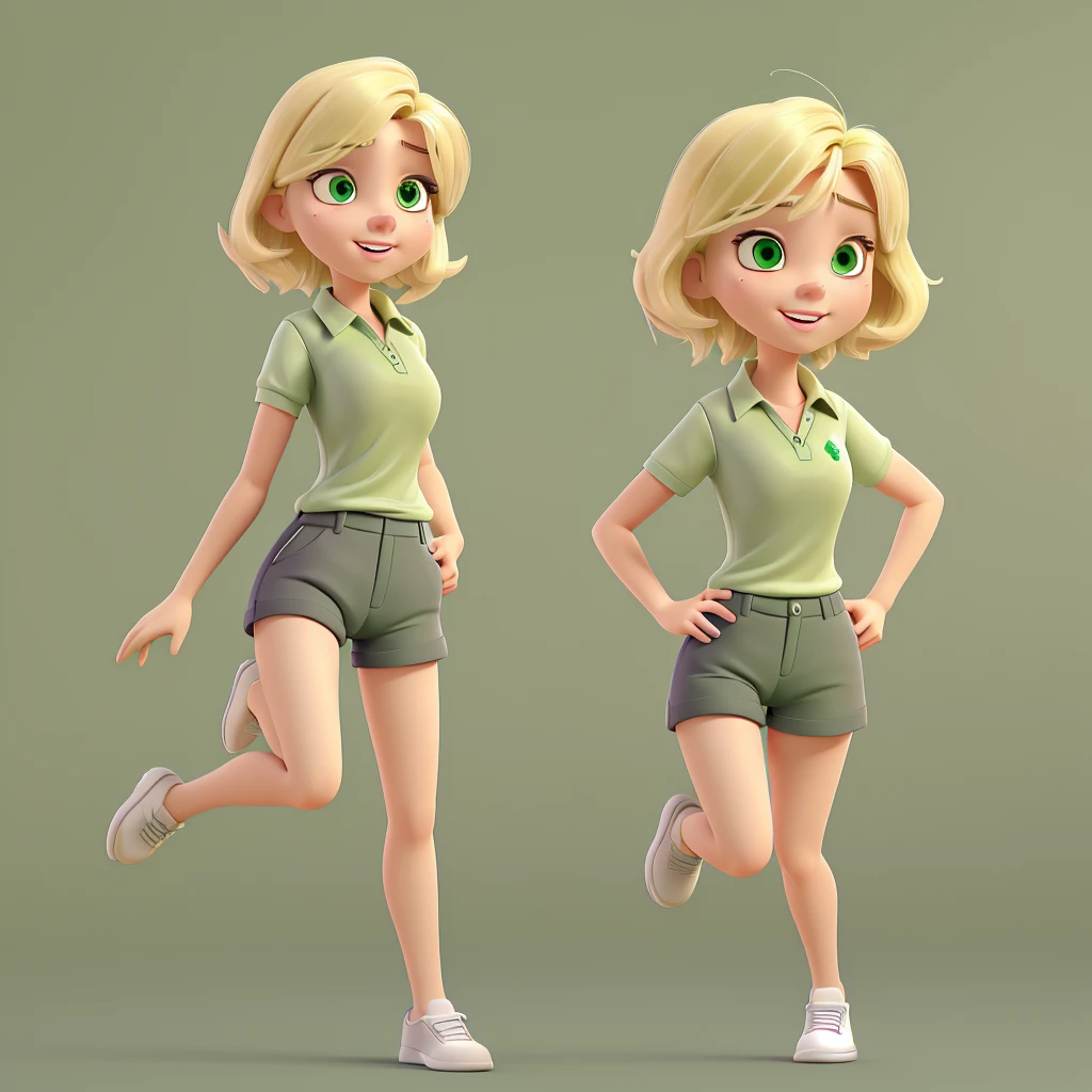 image of a blonde woman with short voluminous hair, white skin and dark eyes, green polo shirt and dark gray shorts, she must appear to be around 75kg, jumping for joy with smartphone in hand