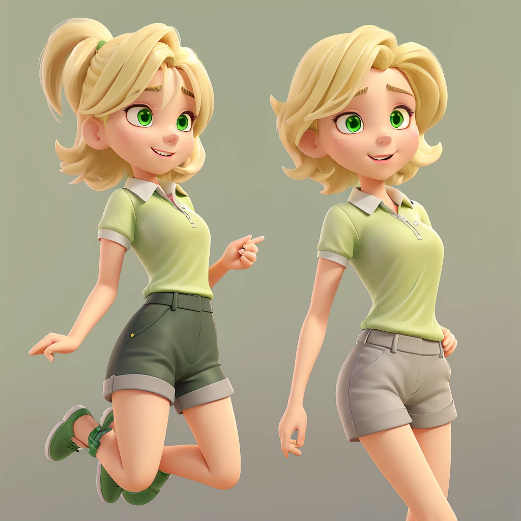 image of a blonde woman with short voluminous hair, white skin and dark eyes, green polo shirt and dark gray shorts, she must appear to be around 75kg, jumping for joy with smartphone in hand