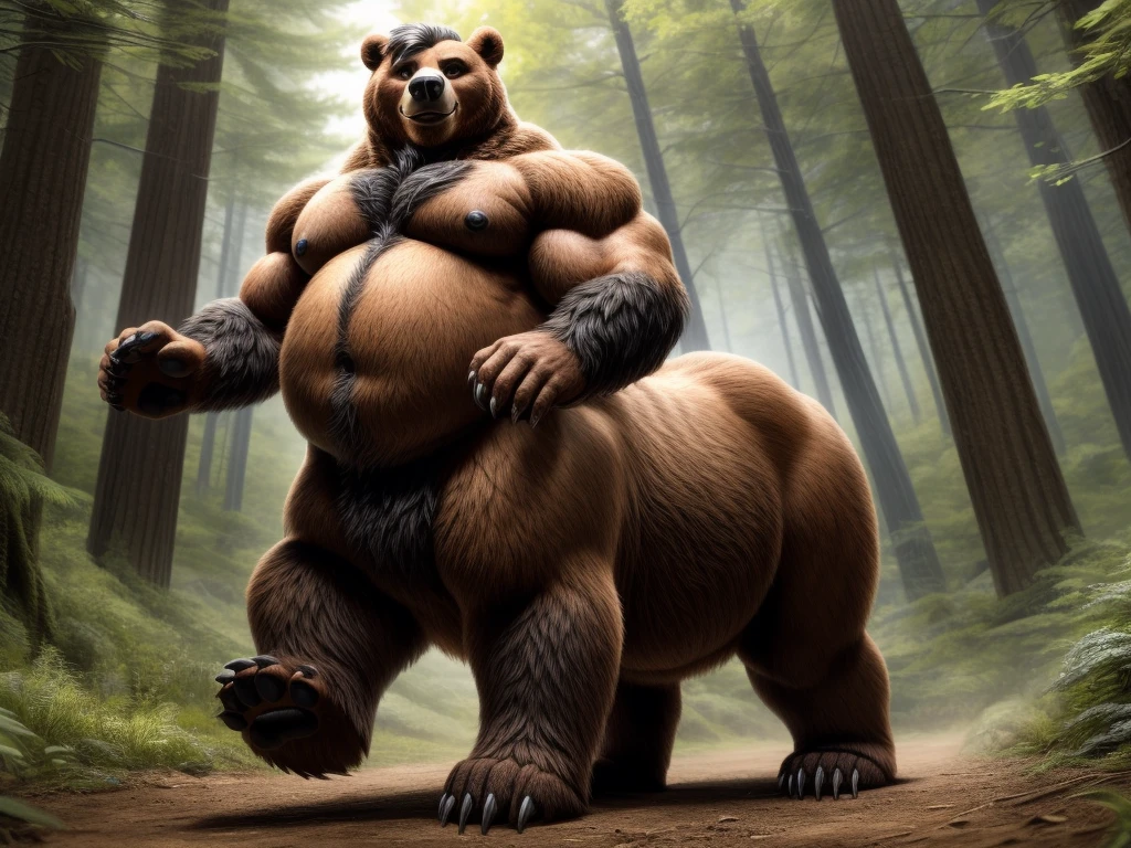 furry, fur taur, huge bear, beartaur, middle-age, solo,1man, detailed face, bear ears, bear eyes(green), bear nose(black), bear mouth, smile, garibaldi beard(grey), hair, mature hair(white), detailed arm, thick arm, forearm hair, muscular, thick hands(5 fingers), thick claws, detailed body belly, thick body, brown skin, muscle belly(white), thick chest, chest hair(grey), nipples, detailed taur body, thick taur body, waist hair, thick bear paws, bear paws hair, thick bear claws, detailed bear tail, thick bear tail, full body shot, running, woods