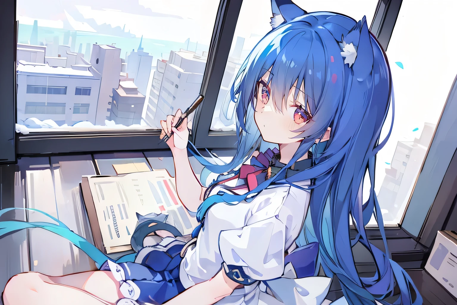 (Masterpiece:1.2),Ultra-detailed,lifelike,The eyes are expressive,Fair skin,Perfect face shape,1 girl,Japanese Manga,Gorgeous blue hair,Flowing blue hair,Flowing clothes,Cat ears,Petals falling,Smile,Tokyo background,background,heavy snow,winter.Highest quality,perfect face,sitting on window sill drinking coffee and looking out the window.