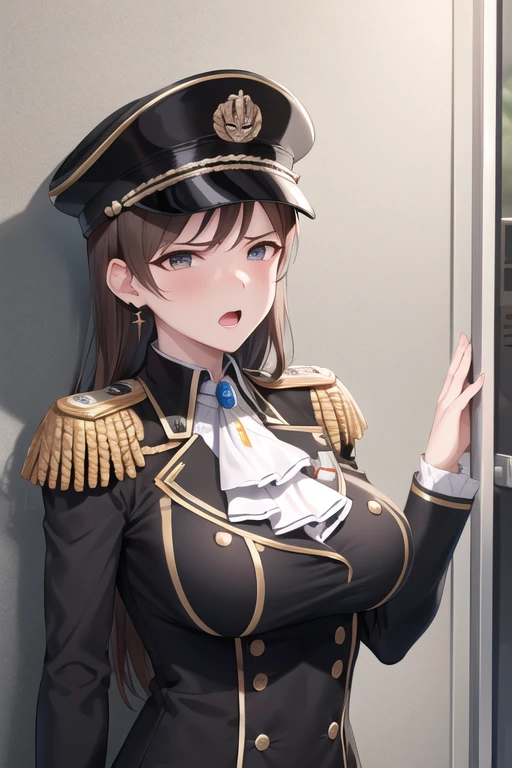 masterpiece, best quality, highres, aanitta, (long hair), (black peaked cap), earrings, big breasts, muscular body, military uniform, epaulettes, badges, (black shirt:1.2), (bulletproof vest), ascot, black sleeves, long sleeves, cowboy shot, (close-up), standing, (angry facial expression), (shocked eyes), open mouth, yell, facing the viewer, looking at the viewer, indoors, against the wall