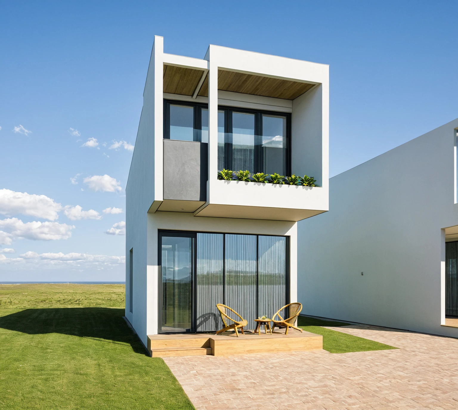 head of'artwork, high quality, best quality, authentique, Great detail, En plein air, villa de plain-piedXL, credit group, style de maison moderne dans la rue ,stairs, white wall ,road,pavement, grass, trees, sky, nuvens, (day light:1.1)