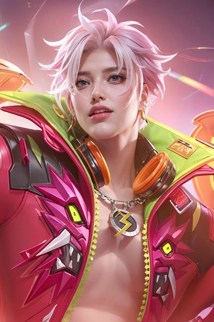 Mercy_overwatch, big breasts,blue eyes, blonde hair, high ponytail, hair over one eye,off the shoulder summer shirt, pink shorts, sitting on chair,tea on the table, scrolling through her phone, mechanical wings,heart stickers,soft body,soft lighting, sparkling eyes,cute facial features, relaxing,Cafe_background,best quality, rendering