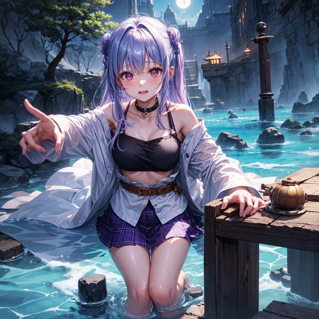 Blue-light purple hair、Red eyes、One cute girl、solo、And soul、Light clothing、Checked mini skirt、petal、Wet hair、Sit on、black t-shirts、Has a button、large tree、cloud、Red full moon、desert、barefoot、Stones are piled up、Teeth are visible、Secret Treasure、Wooden chair、Fortress City、water is gushing out、Tilting face、Hands together、pyramid