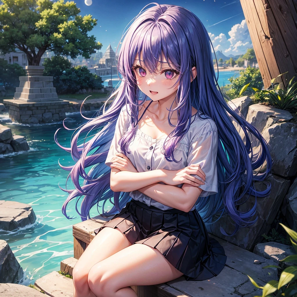Blue-light purple hair、Red eyes、One cute girl、solo、And soul、Light clothing、Checked mini skirt、petal、Wet hair、Sit on、black t-shirts、Has a button、large tree、cloud、Red full moon、desert、barefoot、Stones are piled up、Teeth are visible、Secret Treasure、Wooden chair、Fortress City、water is gushing out、Tilting face、Hands together、pyramid