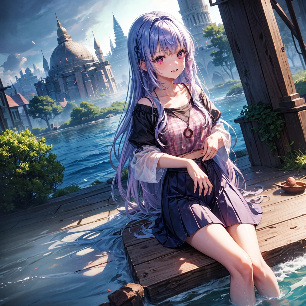 Blue-light purple hair、Red eyes、One cute girl、solo、And soul、Light clothing、Checked mini skirt、petal、Wet hair、Sit on、black t-shirts、Has a button、large tree、cloud、Red full moon、desert、barefoot、Stones are piled up、Teeth are visible、Secret Treasure、Wooden chair、Fortress City、water is gushing out、Tilting face、Hands together、pyramid