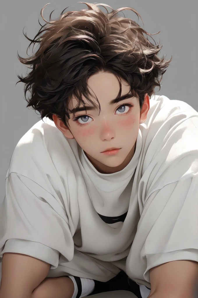 1boy,best quality,messy hair,yoai,beautiful detailed eyes,detailed face,detailed skin,simple background,cinematic highlight,white socks,posing