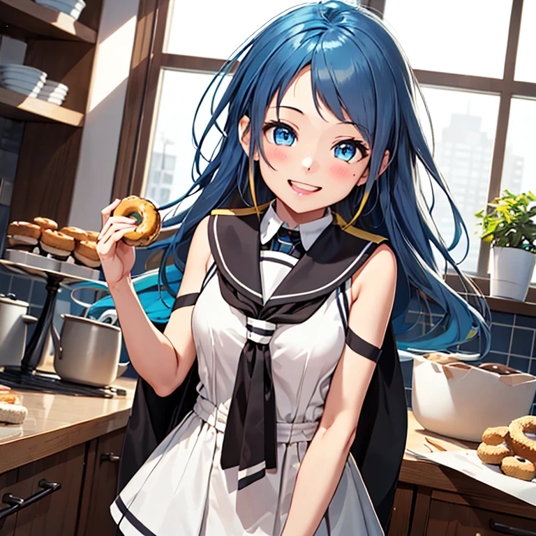 (samidare_kantaicollection:1.2),
blue_hair, long_hair, blue_eyes, very_long_hair, bangs, serafuku, swept_bangs, sleeveless, smile, gradient_hair, open_mouth, blush, multicolored_hair,
,(masterpiece:1.4),(best quality:1.4), (high quality:1.4),(hyper detailed:1.4),(exquisite:1.4), art CG,8K,1girl solo,full body,(happy smile:1.4),
Eating Donut,kitchen


