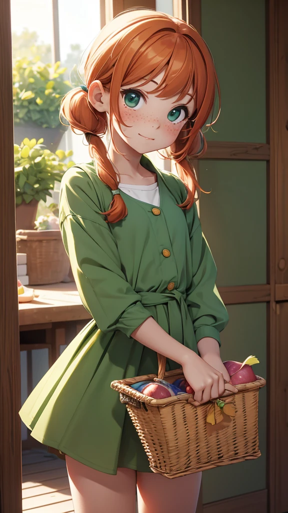 (masterpiece), (4k), )vivid colors), (evening light) Cute 11 year old girl with ginger hair and innocent face with freckles and 2 green pigtails dressed as a flat chested girl