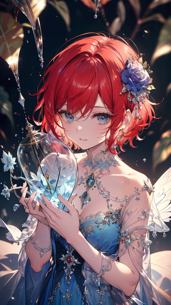 High Definition RAW Color Art, cartoon,sculpture, Silver Marble Skin, (((Extremely meticulous and elegant))), Magical atmosphere, Delicate skin, texture,(Complex details, Fine details, Ultra Detail艺术), Depth of Field, Bokeh, Silky touch, Ultra Detail, (Blue stained glass background), beautiful eyes, Elegant face, (Red hair), flower, Set, Watch from above, Smiley Face, short hair